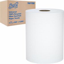 Scott&reg; Universal 100% Recycled Fiber Hard Roll Paper Towels 1 1/2" Core - White - Fiber - 6 / Carton