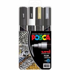 uniball&#8482; POSCA Paint Marker 1.8 mm Medium Bullet, 2.5 mm Marker Point - Erasable - Washable - Black, White, Gold, Silver Ink - Water Based - 4 / Pack