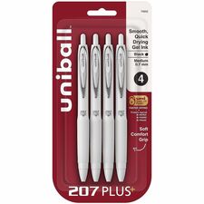 uniball&#8482; 207 Plus Retractable Gel Pens 0.7 mm Medium Pen Point - Retractable - Black Ink - Gel-based, Nanofiber Ink - White Barrel - Stainless Steel Tip - 4 / Pack