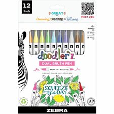 Zebra Pen Doodler'z Dual Brush Pen Bullet, Brush Pen Point - Assorted Ink - Water Based - 12 / Pack