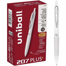 uniball&#8482; 207 Plus Retractable Gel Pens 0.7 mm Medium Pen Point - Retractable - Black Ink - Nanofiber Ink, Gel-based - White Barrel - Stainless Steel Tip - 1 Dozen