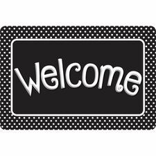 Ashley Smart Poly Original Fun Welcome Mat Classroom, Student, Floor - 15.50" Length x 23.50" Width - Welcome, BK/WE Polka Dots - Multicolor - 1 Each