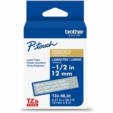 Brother Genuine P-touch TZeML35 WHT on GRY Label Tape, Premium Matte Laminated, 12mmX8m x 15/32" Width - Matte Gray - Water Resistant - Laminated - Durable, Abrasion Resistant, Chemical Resistant, Grease Resistant, Grime Resistant, Temperature Resistant,