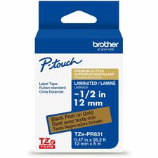 Brother P-touch Tze Label Tape x 15/32" Width - Glitter Gold - Water Resistant - Laminated - Durable, Abrasion Resistant, Chemical Resistant, Grease Resistant, Grime Resistant, Temperature Resistant, Fade Resistant, Split Backing, Easy Peel, Strong Adhesi
