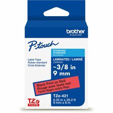 Brother Genuine P-touch TZe421 BK on RD Label Tape, Laminated, 9mmX8m x 23/64" Width - Red - Water Resistant - Laminated - Durable, Abrasion Resistant, Chemical Resistant, Grease Resistant, Grime Resistant, Temperature Resistant, Fade Resistant, Split Bac