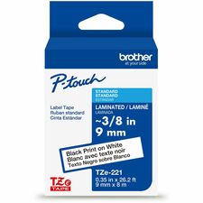 Brother Genuine P-touch TZe221 BK on WHT Label Tape, Laminated, 9mmX8m x 23/64" Width - White - Water Resistant - Laminated - Durable, Abrasion Resistant, Chemical Resistant, Grease Resistant, Grime Resistant, Temperature Resistant, Fade Resistant, Split