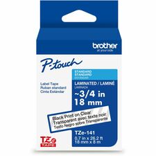 Brother Genuine P-touch TZe141 BK on CLR Label Tape, Laminated, 18mmX8m x 45/64" Width - Clear - Water Resistant - Laminated - Durable, Abrasion Resistant, Chemical Resistant, Grease Resistant, Grime Resistant, Temperature Resistant, Fade Resistant, Split