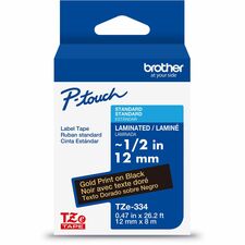 Brother Genuine P-touch TZe334 GLD on BK Label Tape, Laminated, 12mmX8m x 15/32" Width - Black - Water Resistant - Laminated - Durable, Abrasion Resistant, Chemical Resistant, Grease Resistant, Grime Resistant, Temperature Resistant, Fade Resistant, Split