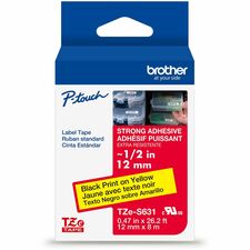 Brother Genuine P-touch TZeS631 BK on YL Label Tape, Strong Adhesive Lam., 12mmX8m x 15/32" Width - Yellow - Water Resistant - Laminated - Durable, Abrasion Resistant, Chemical Resistant, Grease Resistant, Grime Resistant, Temperature Resistant, Fade Resi