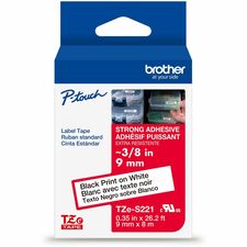 Brother Genuine P-touch TZeS221 BK on WHT Label Tape, Strong Adhesive Lam., 9mmX8m x 23/64" Width - White - Water Resistant - Laminated - Durable, Abrasion Resistant, Chemical Resistant, Grease Resistant, Grime Resistant, Temperature Resistant, Fade Resis
