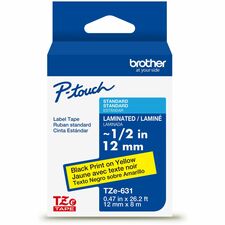 Brother Genuine P-touch TZe631 BK on YL Label Tape, Laminated, 12mmX8m x 15/32" Width - Yellow - Water Resistant - Laminated - Durable, Abrasion Resistant, Chemical Resistant, Grease Resistant, Grime Resistant, Temperature Resistant, Fade Resistant, Split