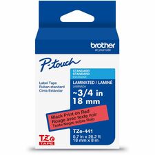 Brother Genuine P-touch TZe441 BK on RD Label Tape, Laminated, 18mmX8m x 45/64" Width - Red - Water Resistant - Laminated - Durable, Abrasion Resistant, Chemical Resistant, Grease Resistant, Grime Resistant, Temperature Resistant, Fade Resistant, Split Ba