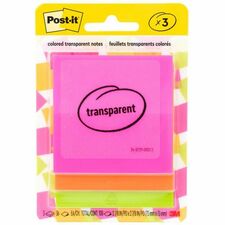 Post-it&reg; Transparent Notes 2 4/5" Flag/Note Width x 2 4/5" Flag/Note Length - Square - 36 Sheets per Pad - Pink, Green, Orange - Sticky, Repositionable, Adhesive, Removable - 3 / Pack