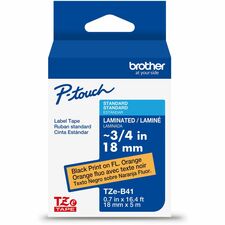 Brother Genuine P-touch TZeB41 BK on FLUOR ORG Label Tape, Laminated, 18mmX5m x 45/64" Width - Fluorescent Orange - Water Resistant - Laminated - Durable, Abrasion Resistant, Chemical Resistant, Grease Resistant, Grime Resistant, Temperature Resistant, Fa