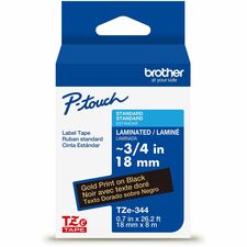 Brother Genuine P-touch TZe344 GLD on BK Label Tape, Laminated, 18mmX8m x 45/64" Width - Black - Water Resistant - Laminated - Durable, Abrasion Resistant, Chemical Resistant, Grease Resistant, Grime Resistant, Temperature Resistant, Fade Resistant, Split