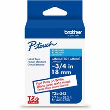 Brother Genuine P-touch TZe242 RD on WHT Label Tape, Laminated, 18mmX8m x 45/64" Width - White - Water Resistant - Laminated - Durable, Abrasion Resistant, Chemical Resistant, Grease Resistant, Grime Resistant, Temperature Resistant, Fade Resistant, Split