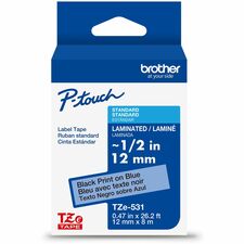 Brother Genuine P-touch TZe531 BK on BK Label Tape, Laminated, 12mmX8m x 15/32" Width - Blue - Water Resistant - Laminated - Durable, Abrasion Resistant, Chemical Resistant, Grease Resistant, Grime Resistant, Temperature Resistant, Fade Resistant, Split B