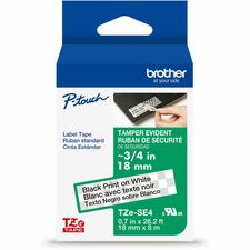 Brother Genuine P-touch TZeSE4 BK on WHT Tamper-Evident Label Tape, Laminated, 18mmX8m x 45/64" Width - White - Water Resistant - Laminated - Durable, Abrasion Resistant, Chemical Resistant, Grease Resistant, Grime Resistant, Temperature Resistant, Fade R