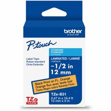 Brother Genuine P-touch TZeB31 BK on FLUOR ORG Label Tape, Laminated, 12mmX5m x 15/32" Width - Fluorescent Orange - Water Resistant - Laminated - Durable, Abrasion Resistant, Chemical Resistant, Grease Resistant, Grime Resistant, Temperature Resistant, Fa