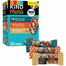 Green Rabbit KIND Minis Variety Pack Individually Wrapped - Dark Chocolate Nuts & Sea Salt, Caramel Almond and Sea Salt, Peanut Butter Dark Chocolate - 0.70 oz - 32 / Carton