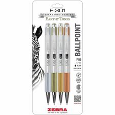 Zebra Pen F-301 EarthyTones Retractable Ballpoint Pens Refillable - Retractable - Black Ink - Assorted Stainless Steel Barrel - School, Journaling, Writing - 4 / Pack