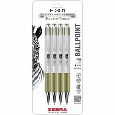 Zebra Pen F-301 EarthyTones Retractable Ballpoint Pens Refillable - Retractable - Black Ink - Sage Stainless Steel Barrel - School, Journaling, Writing - 4 / Pack