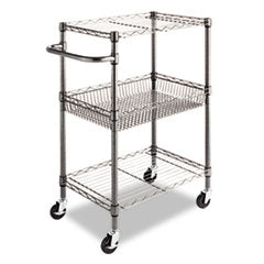 Three-Tier Wire Cart with Basket, Metal, 2 Shelves, 1 Bin, 500 lb Capacity, 28" x 16" x 39", Black Anthracite