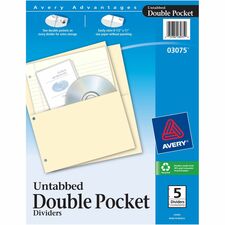 Avery&reg; Untabbed Double Pocket Dividers 11.1" Height x 9.3" Width - 2 x Pockets Capacity - For Letter 8 1/2" x 11" Sheet - Ring Binder - Rectangular - Buff - 5 / Pack
