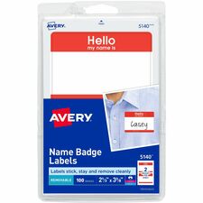 Avery&reg; Border Print/Write Hello Name Badges Hello My Name Is - 2 21/64" Width x 3 3/8" Length - Removable Adhesive - Rectangle - Inkjet, Laser - Matte - White, Red - Paper - Removable, Customizable, Curl Resistant - 2 / Sheet - 50 Total Sheets - 100 T