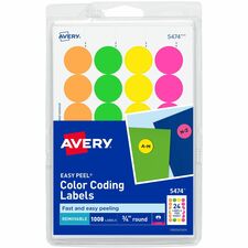 Avery&reg; Color Coded Label 3/4" Diameter - Removable Adhesive - Round - Laser - Neon Green, Neon Orange, Neon Pink, Neon Yellow - Paper - 24 / Sheet - 42 Total Sheets - 1008 Total Label(s) - 1008 / Pack