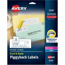 Avery&reg; Send & Reply Piggyback Labels 1" Width x 3" Length - Permanent Adhesive - Rectangle - Inkjet, Laser - White - Paper - 12 / Sheet - 20 Total Sheets - 240 Total Label(s) - 240 / Pack