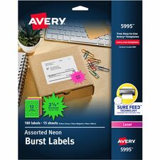 Avery&reg; Neon Burst Labels 2 1/4" Diameter - Permanent Adhesive - Burst - Laser - Neon Magenta, Neon Green, Neon Yellow - Paper - 12 / Sheet - 15 Total Sheets - 180 Total Label(s) - 180 / Pack