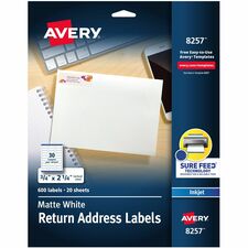 Avery&reg; Sure Feed&reg; White Return Address Labels 3/4" Width x 2 1/4" Length - Permanent Adhesive - Rectangle - Inkjet - Matte - White - Paper - Print-to-the Edge, Permanent Adhesive, Stick & Stay, Jam Resistant - 30 / Sheet - 20 Total Sheets - 600 To