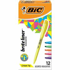 BIC Brite Liner Highlighter, Assorted Chisel Marker Point - Fluorescent Assorted Ink - 12 / Box