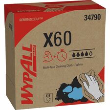 Wypall GeneralClean X60 Multi-Task Cleaning Cloths - Pop-Up Box 8.34" Width x 16.80" Length - White - Hydroknit - 118 / Box