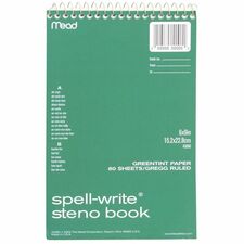 Mead Spell-Write Steno Book 80 Sheets - Wire Bound - 6" x 9" Sheet Size - Green Paper - Cardboard Cover - 1 Each
