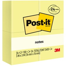 Post-it&reg; Notes Value Pack 100 - 3" Flag/Note Width x 3" Flag/Note Length - Square - Unruled - Canary - Self-adhesive - 24 / Pack