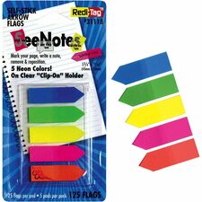 Redi-Tag Plain Write-on Arrow Flags in Holder 25 x Neon Blue, 25 x Lime, 25 x Lemon, 25 x Pink, 25 x Tangerine - 29/64" Flag/Note Width x 1 3/4" Flag/Note Length - Arrow - Assorted - Removable, See-through, Self-adhesive - Dispenser Included - 125 / Pack