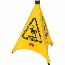 Rubbermaid Commercial Multi-Lingual Caution Safety Cone Multilingual - Print/Message "Caution" , "Attention" , "Cuidado" - 21" Width x 20" Height x 21" Depth - Wall Mountable - Durable, Multilingual - Yellow - 1 Each