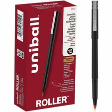 uniball&#8482; Roller Rollerball Pen 0.5 mm Micro Pen Point - Red Ink - Water Based - Black Stainless Steel Barrel - 1 Dozen
