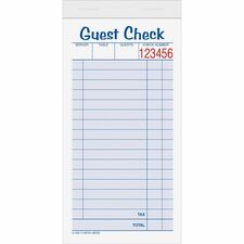 TOPS 2-part Carbonless Guest Check Books 2 Part - 3.37" x 5.50" Sheet Size - Blue, Green, Red Print Color - 10 / Pack