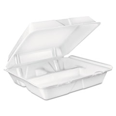 Foam Hinged Lid Container, 3-Compartment, 8 oz, 9 x 9.4 x 3, White, 200/Carton