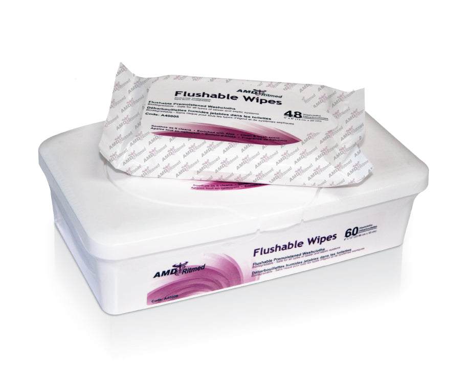 Amd-Ritmed Flushable Wet Wipes - Pre-Moistened - Flushable - 9" x 13" - Hard Tub