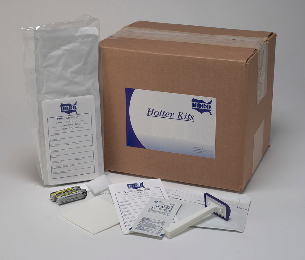 IMCO Brand Holter Kit: 1 Patient Diary, 7 Electrodes, 1 Prep Razor, 2 Tape Cards, 1 All Purpose Scrub Pad, 2 Alcohol Prep Pads, 4 AA Alkaline Batteries, 1 I.D. Card (Compliant with Burdick/Cardiac Science Holters)