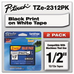 TZe Standard Adhesive Laminated Labeling Tapes, 0.47" x 26.2 ft, Black on White, 2/Pack