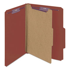 Pressboard Classification Folders, Four SafeSHIELD Fasteners, 2/5-Cut Tabs, 1 Divider, Letter Size, Red, 10/Box