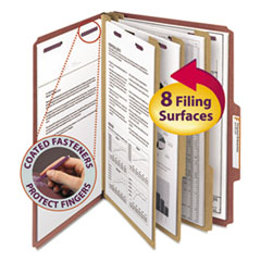 Pressboard Classification Folders, Eight SafeSHIELD Fasteners, 2/5-Cut Tabs, 3 Dividers, Legal Size, Red, 10/Box