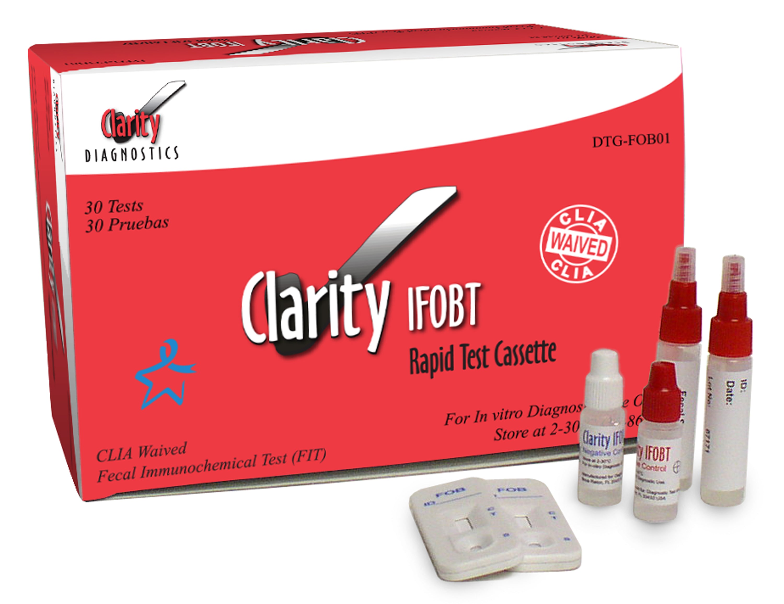 Clarity Fecal Occult Blood Test Kit, CLIA Waived, Includes: (30) Test Cassettes, (35) Collection Tubes, External Controls (1 Each of +/- .5mL Bottle), Product Insert, 30/bx