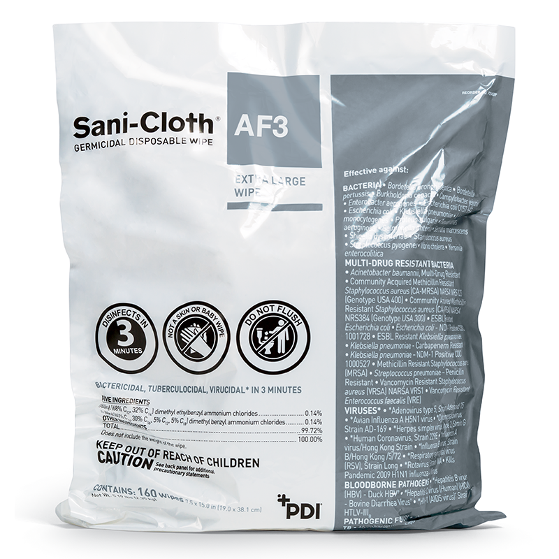 Sani-Cloth AF3 Germicidal Disposable Wipe Refill, Extra-Large, 1-Ply, 7.5 x 15, Unscented, White, 160 Wipes/Bag,2 Bags/Carton