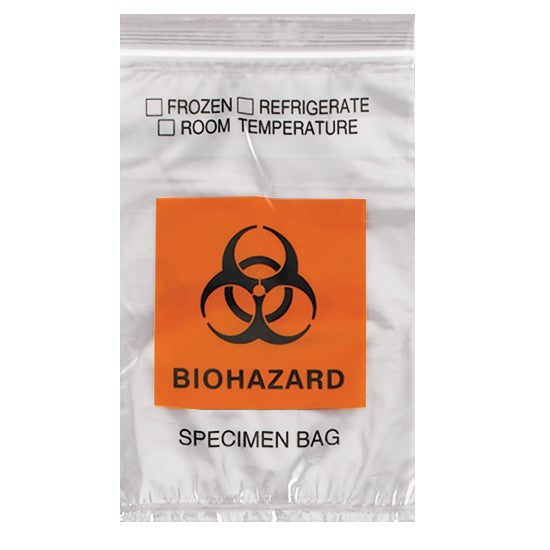 Econo-Zip Specimen Transport Bag, 4W x 6H, 1.7 MIL, 3-wall, Orange/Black Biohazard